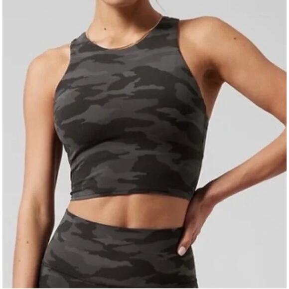 Athleta‎ Top Womens Small Black Grey Camo Print Conscious Crop Tank - Picture 1 of 8
